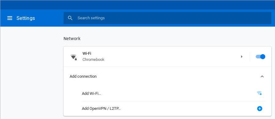 Screen shot of the Network settings on a Chromebook